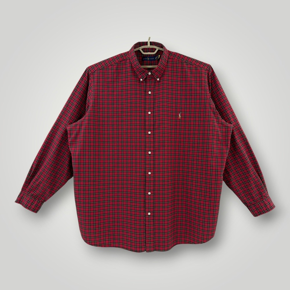 Ralph‎ Lauren Red Plaid Shirt Mens 3XLT Tall Button Down Cotton Big